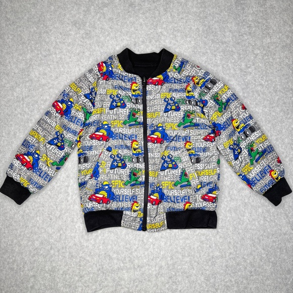 365 Kids Bomber Jacket 4T Black Multicolor Monster Print Gamer Reversible Coat - Picture 1 of 10